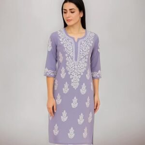 Women Lucknow Chikankari Hand Embroidered Material Modal Long Kurti Regular Sleeves Round Neck Style Straight Colour Light Purple