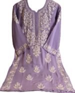 Women Lucknow Chikankari Hand Embroidered Material Modal Long Kurti Regular Sleeves Round Neck Style Straight Colour Light Purple - Image 7