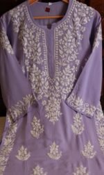 Women Lucknow Chikankari Hand Embroidered Material Modal Long Kurti Regular Sleeves Round Neck Style Straight Colour Light Purple - Image 6
