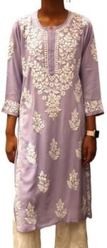 Women Lucknow Chikankari Hand Embroidered Material Modal Long Kurti Regular Sleeves Round Neck Style Straight Colour Light Purple - Image 5