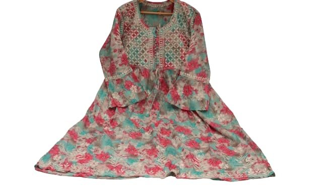 Women’s Lucknowi Chikankari Mulmul Cotton Long Kurti | Hand Embroidered Printed Fit & Flare Kurta for Women | Pink - Image 2