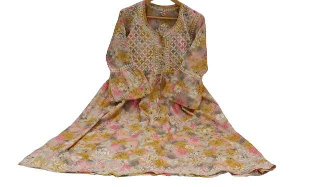 Women’s Lucknowi Chikankari Mulmul Cotton Long Kurti | Hand Embroidered Printed Fit & Flare Kurta for Women & Girls | Yellow - Image 2