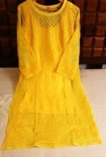 Lucknow Chikankari Long Kurti Full Sleeve Round Neck Embroidered Work Georgette Resham Ethnic Dress Yellow - Image 5