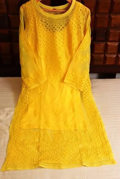 Lucknow Chikankari Long Kurti Full Sleeve Round Neck Embroidered Work Georgette Resham Ethnic Dress Yellow - Image 5