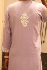 Women Lucknow Chikankari Hand Embroidered Material Modal Long Kurti Regular Sleeves Round Neck Style Straight Colour Light Purple - Image 4