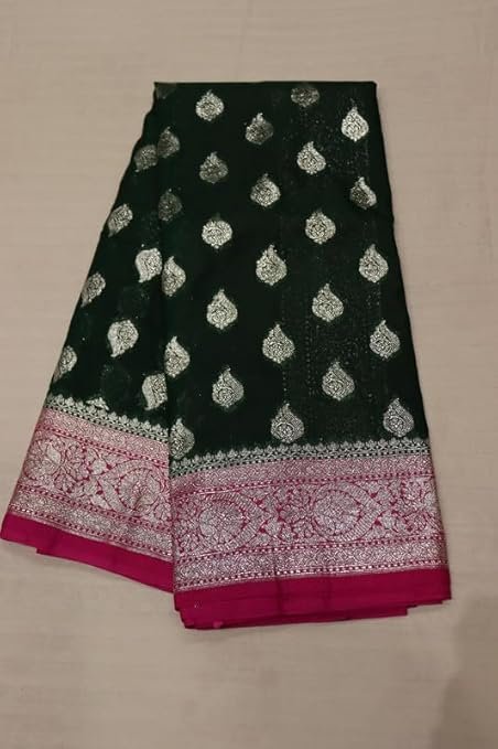 Banarasi Khaddi Georgette Saree with Rich Zari Weaving | Lightweight Traditional Saree for Women | Perfect for Wedding, Party & Festive Occasions Green Magenta - Image 4