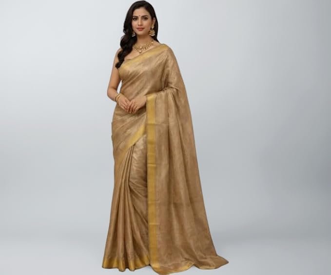 Banarasi Tissue Silk Saree for Women | Golden Green | Golden Zari Woven Border | Traditional Ethnic Wear | Lightweight Fabric