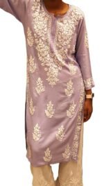 Women Lucknow Chikankari Hand Embroidered Material Modal Long Kurti Regular Sleeves Round Neck Style Straight Colour Light Purple - Image 3