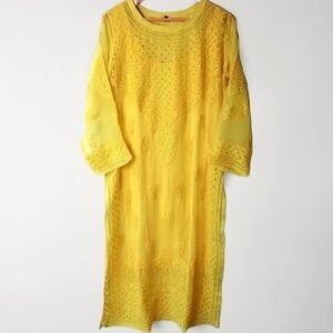 Lucknow Chikankari Long Kurti Full Sleeve Round Neck Embroidered Work Georgette Resham Ethnic Dress Yellow