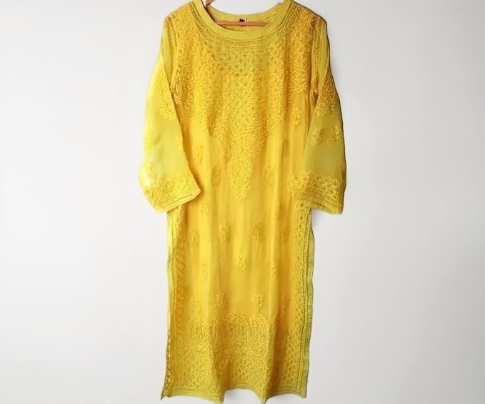 Lucknow Chikankari Long Kurti Full Sleeve Round Neck Embroidered Work Georgette Resham Ethnic Dress Yellow