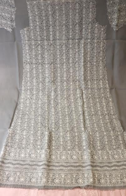 Lucknowi Chikankari Pure Voile Cotton Dress Material | Kurti Fabric | Top Fabric Grey (3 Meter) - Image 2