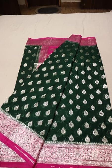 Banarasi Khaddi Georgette Saree with Rich Zari Weaving | Lightweight Traditional Saree for Women | Perfect for Wedding, Party & Festive Occasions Green Magenta - Image 7