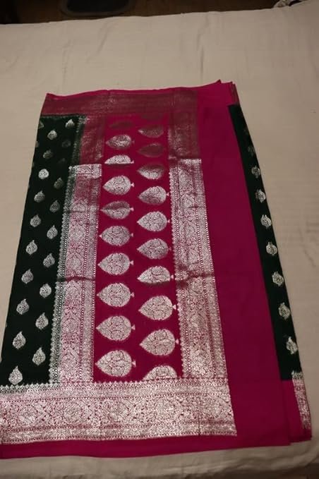 Banarasi Khaddi Georgette Saree with Rich Zari Weaving | Lightweight Traditional Saree for Women | Perfect for Wedding, Party & Festive Occasions Green Magenta - Image 5