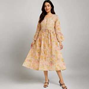 Women’s Lucknowi Chikankari Mulmul Cotton Long Kurti | Hand Embroidered Printed Fit & Flare Kurta for Women & Girls | Yellow