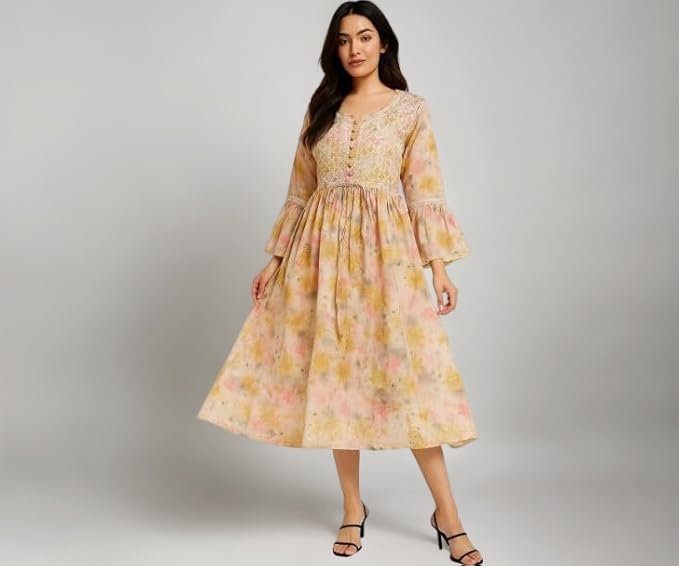 Women’s Lucknowi Chikankari Mulmul Cotton Long Kurti | Hand Embroidered Printed Fit & Flare Kurta for Women & Girls | Yellow