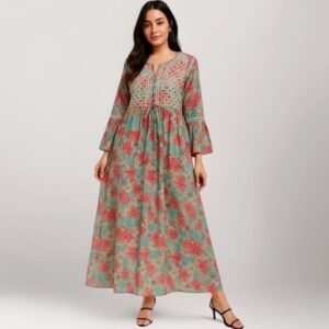 Women’s Lucknowi Chikankari Mulmul Cotton Long Kurti | Hand Embroidered Printed Fit & Flare Kurta for Women | Pink