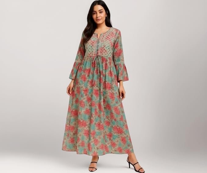 Women’s Lucknowi Chikankari Mulmul Cotton Long Kurti | Hand Embroidered Printed Fit & Flare Kurta for Women | Pink