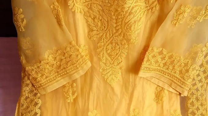 Lucknow Chikankari Long Kurti Full Sleeve Round Neck Embroidered Work Georgette Resham Ethnic Dress Yellow - Image 4