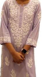 Women Lucknow Chikankari Hand Embroidered Material Modal Long Kurti Regular Sleeves Round Neck Style Straight Colour Light Purple - Image 2