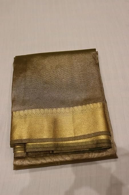 Banarasi Tissue Silk Saree for Women | Golden Green | Golden Zari Woven Border | Traditional Ethnic Wear | Lightweight Fabric - Image 2
