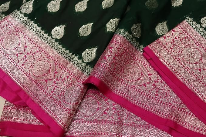 Banarasi Khaddi Georgette Saree with Rich Zari Weaving | Lightweight Traditional Saree for Women | Perfect for Wedding, Party & Festive Occasions Green Magenta - Image 2