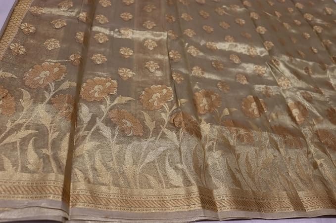 Banarasi Tissue Silk Saree for Women – Golden | Lightweight Saree with Rich Zari Border and Matching Blouse Piece - Image 3