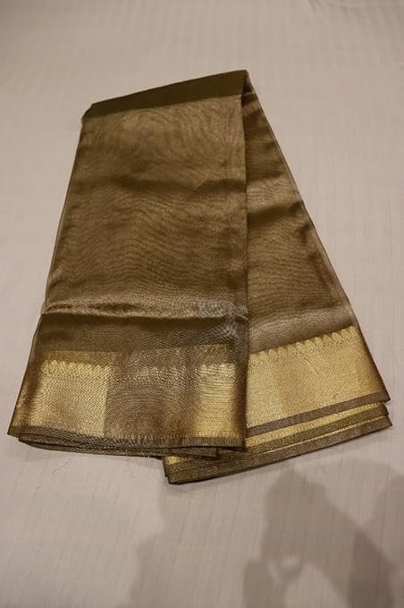 Banarasi Tissue Silk Saree for Women | Golden Green | Golden Zari Woven Border | Traditional Ethnic Wear | Lightweight Fabric - Image 3