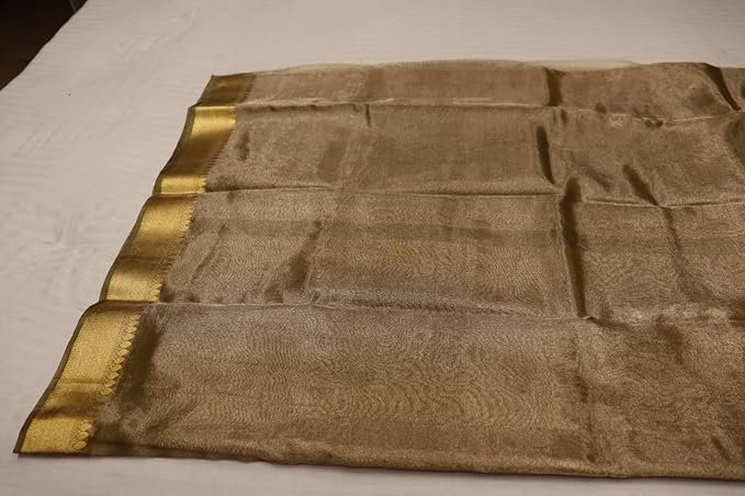Banarasi Tissue Silk Saree for Women | Golden Green | Golden Zari Woven Border | Traditional Ethnic Wear | Lightweight Fabric - Image 4