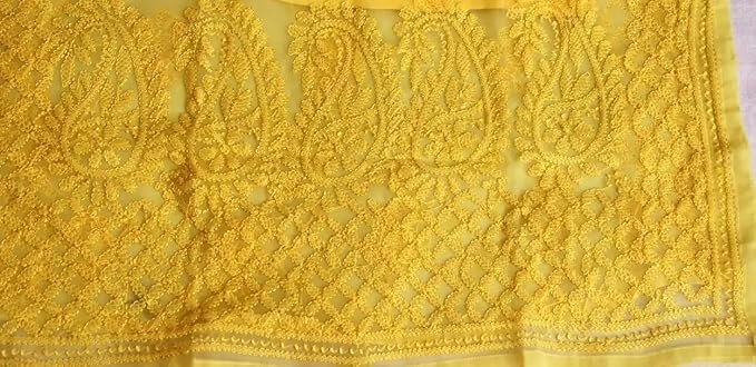 Lucknow Chikankari Long Kurti Full Sleeve Round Neck Embroidered Work Georgette Resham Ethnic Dress Yellow - Image 3