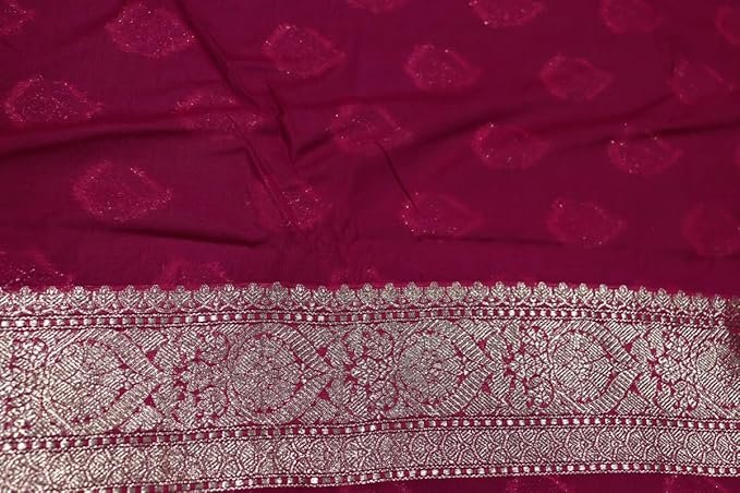 Banarasi Khaddi Georgette Saree with Rich Zari Weaving | Lightweight Traditional Saree for Women | Perfect for Wedding, Party & Festive Occasions Green Magenta - Image 6
