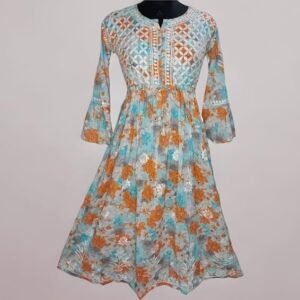 Women’s Lucknowi Chikankari Mulmul Cotton Long Kurti | Hand Embroidered Printed Fit & Flare Kurta for Women | Orange