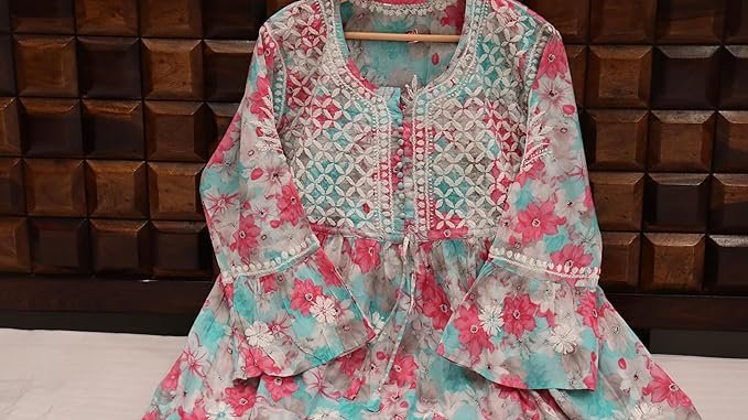 Women’s Lucknowi Chikankari Mulmul Cotton Long Kurti | Hand Embroidered Printed Fit & Flare Kurta for Women | Pink - Image 3