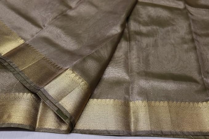 Banarasi Tissue Silk Saree for Women | Golden Green | Golden Zari Woven Border | Traditional Ethnic Wear | Lightweight Fabric - Image 5