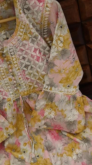 Women’s Lucknowi Chikankari Mulmul Cotton Long Kurti | Hand Embroidered Printed Fit & Flare Kurta for Women & Girls | Yellow - Image 4