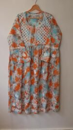 Women’s Lucknowi Chikankari Mulmul Cotton Long Kurti | Hand Embroidered Printed Fit & Flare Kurta for Women | Orange - Image 5