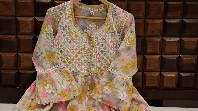 Women’s Lucknowi Chikankari Mulmul Cotton Long Kurti | Hand Embroidered Printed Fit & Flare Kurta for Women & Girls | Yellow - Image 3