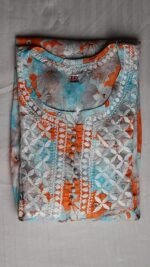 Women’s Lucknowi Chikankari Mulmul Cotton Long Kurti | Hand Embroidered Printed Fit & Flare Kurta for Women | Orange - Image 6