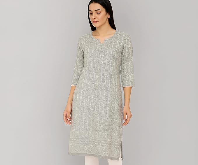 Lucknowi Chikankari Pure Voile Cotton Dress Material | Kurti Fabric | Top Fabric Grey (3 Meter)