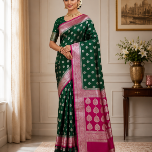 Banarasi Khaddi Georgette Saree with Rich Zari Weaving | Lightweight Traditional Saree for Women | Perfect for Wedding, Party & Festive Occasions Green Magenta