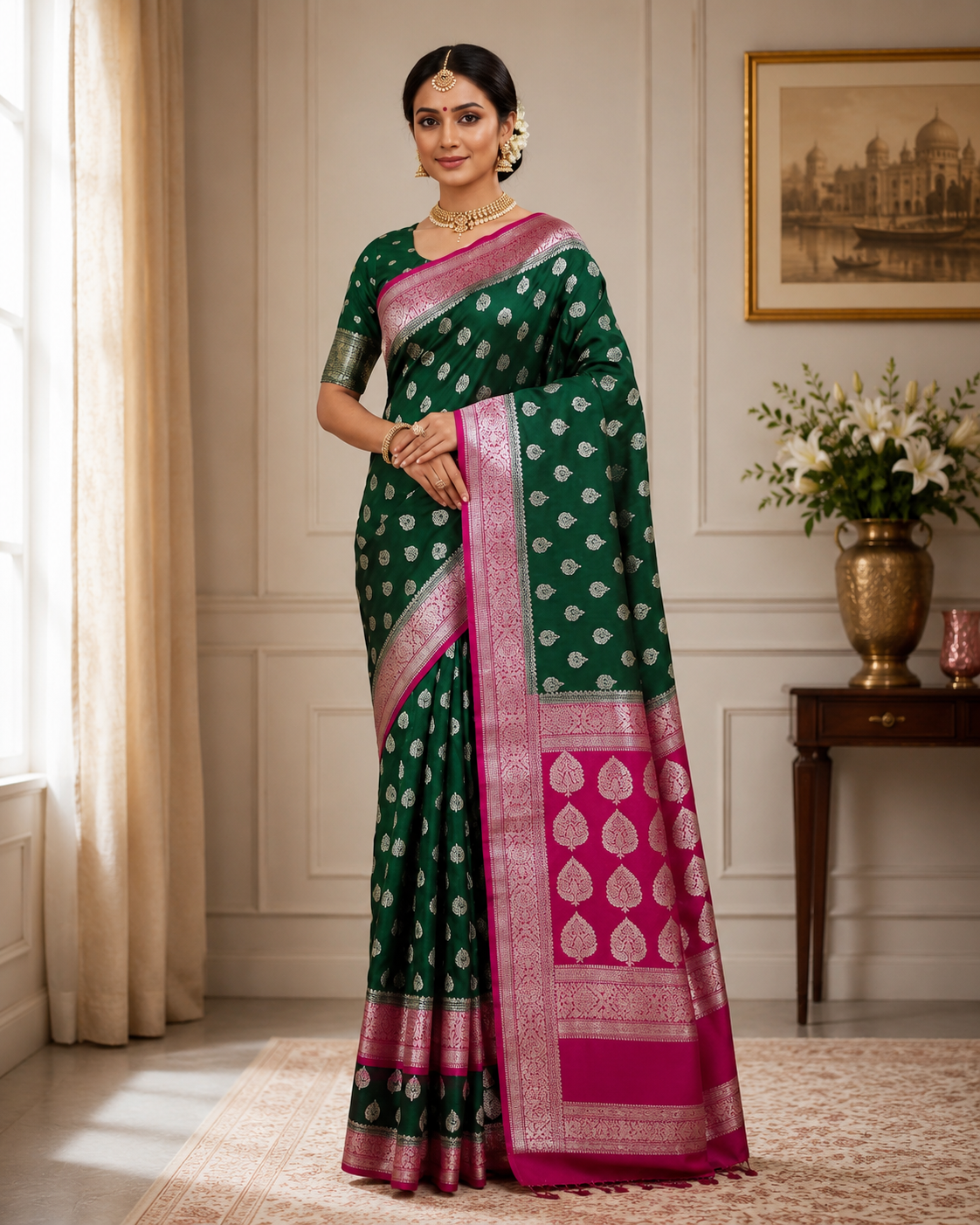 Banarasi Khaddi Georgette Saree with Rich Zari Weaving | Lightweight Traditional Saree for Women | Perfect for Wedding, Party & Festive Occasions Green Magenta