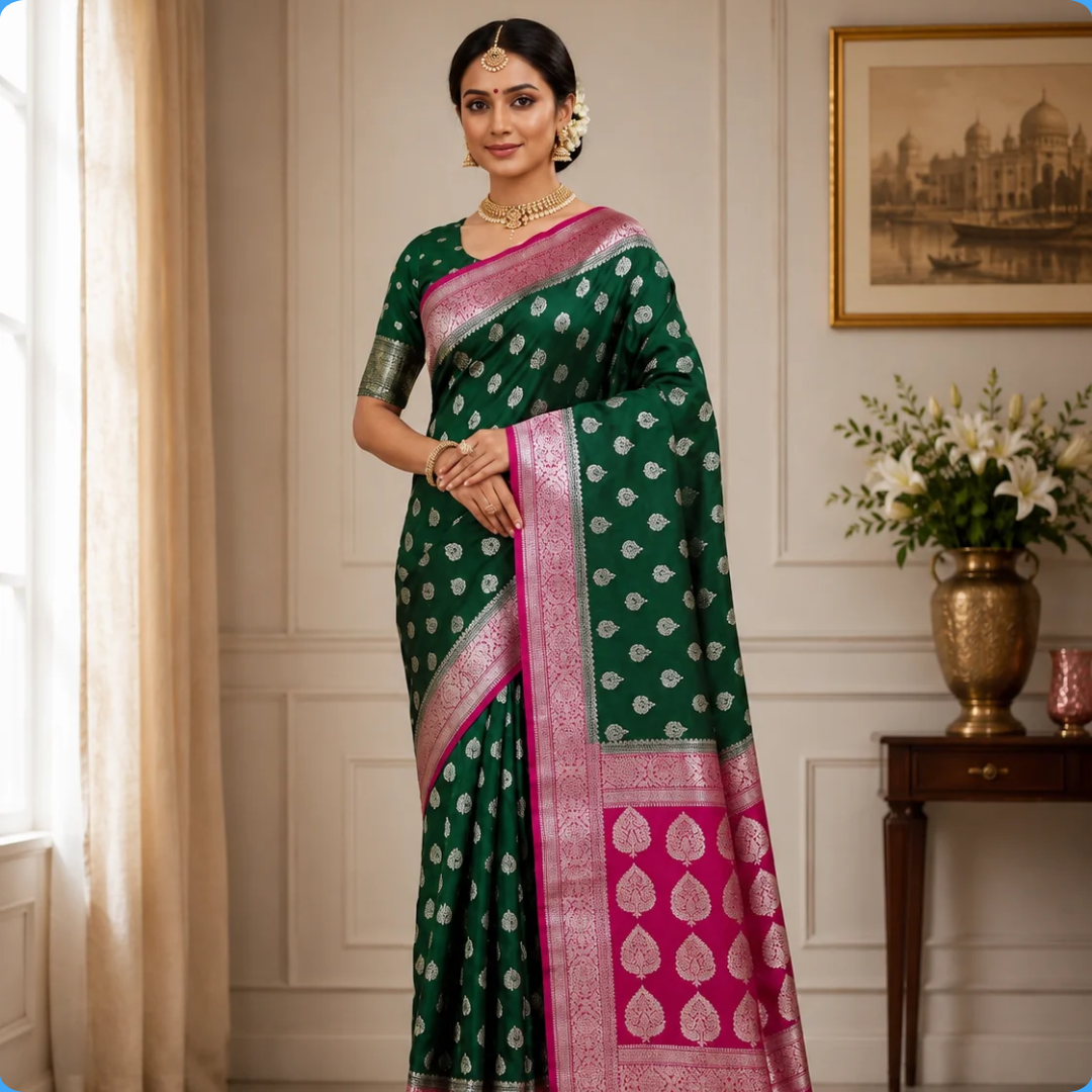Utkirsht india (2) Banarasi Khaddi Georgette Saree with Rich Zari Weaving | Lightweight Traditional Saree for Women | Perfect for Wedding, Party & Festive Occasions Green Magenta - Image 1