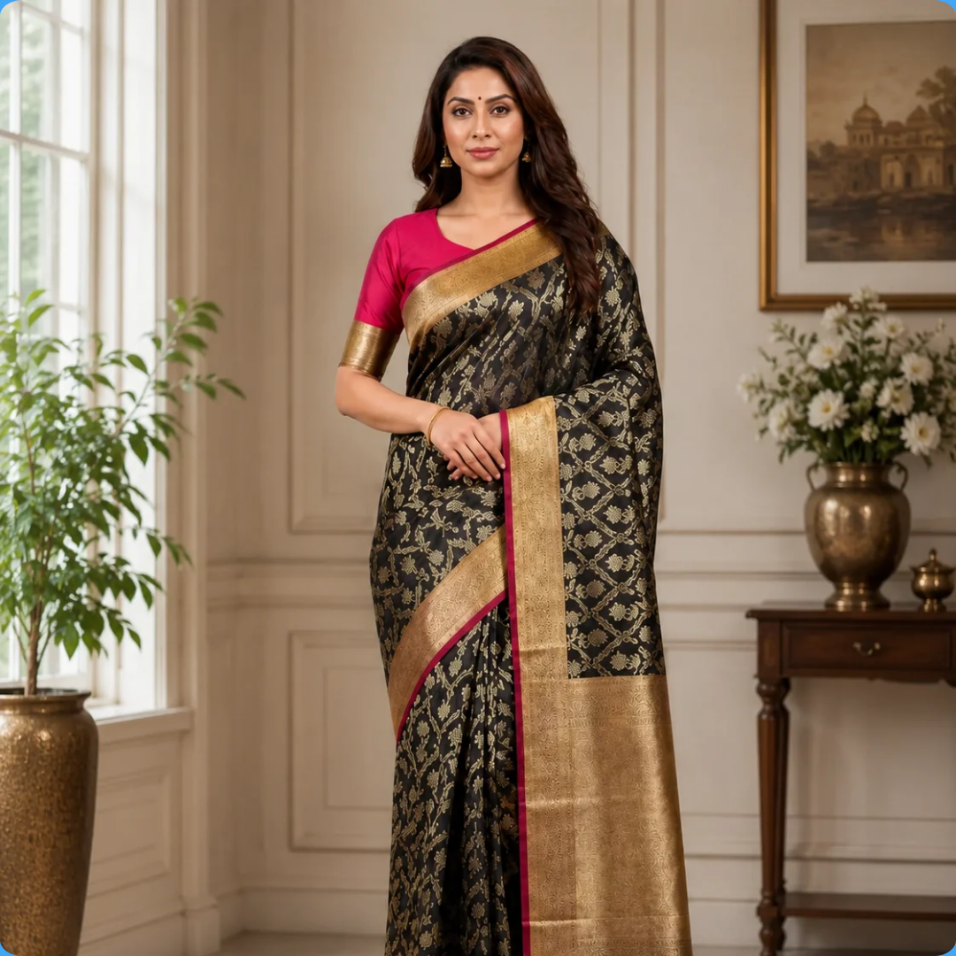 Utkirsht india (4) Banarasi Cotton Silk Saree Jaal work Saree for Women with Blouse Piece | Handcrafted Embroidered Saree - Image 1