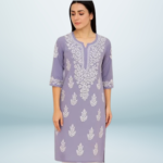 Women Lucknow Chikankari Hand Embroidered Material Modal Long Kurti Regular Sleeves Round Neck Style Straight Colour Light Purple