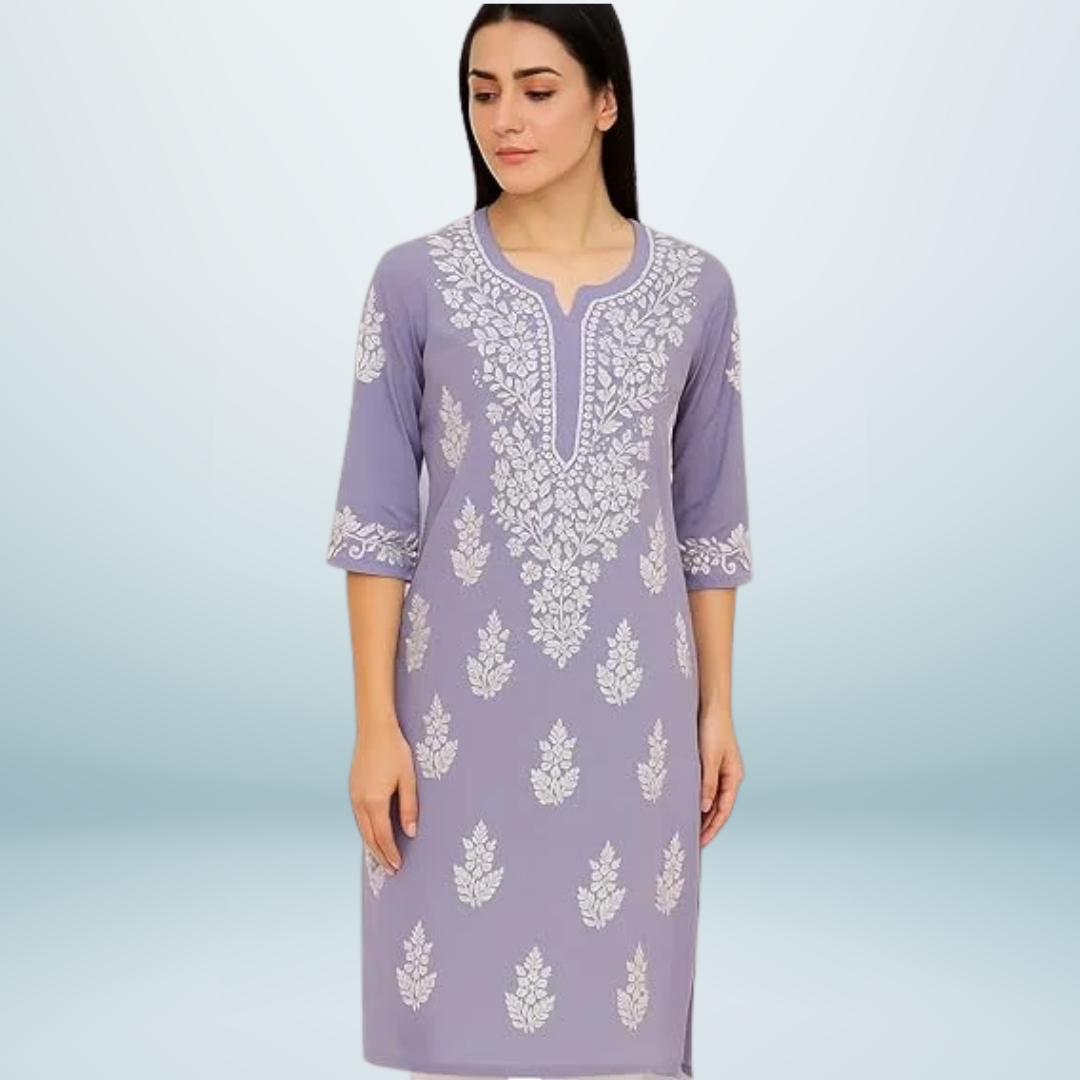 Utkrisht India (10) Women Lucknow Chikankari Hand Embroidered Material Modal Long Kurti Regular Sleeves Round Neck Style Straight Colour Light Purple - Image 1