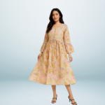 Women’s Lucknowi Chikankari Mulmul Cotton Long Kurti | Hand Embroidered Printed Fit & Flare Kurta for Women & Girls | Yellow