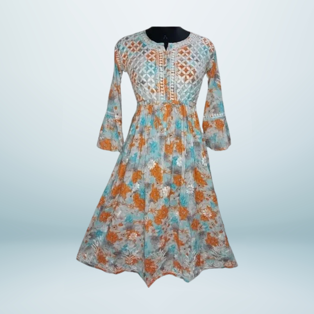 Utkrisht India (13) Women’s Lucknowi Chikankari Mulmul Cotton Long Kurti | Hand Embroidered Printed Fit & Flare Kurta for Women | Orange - Image 1