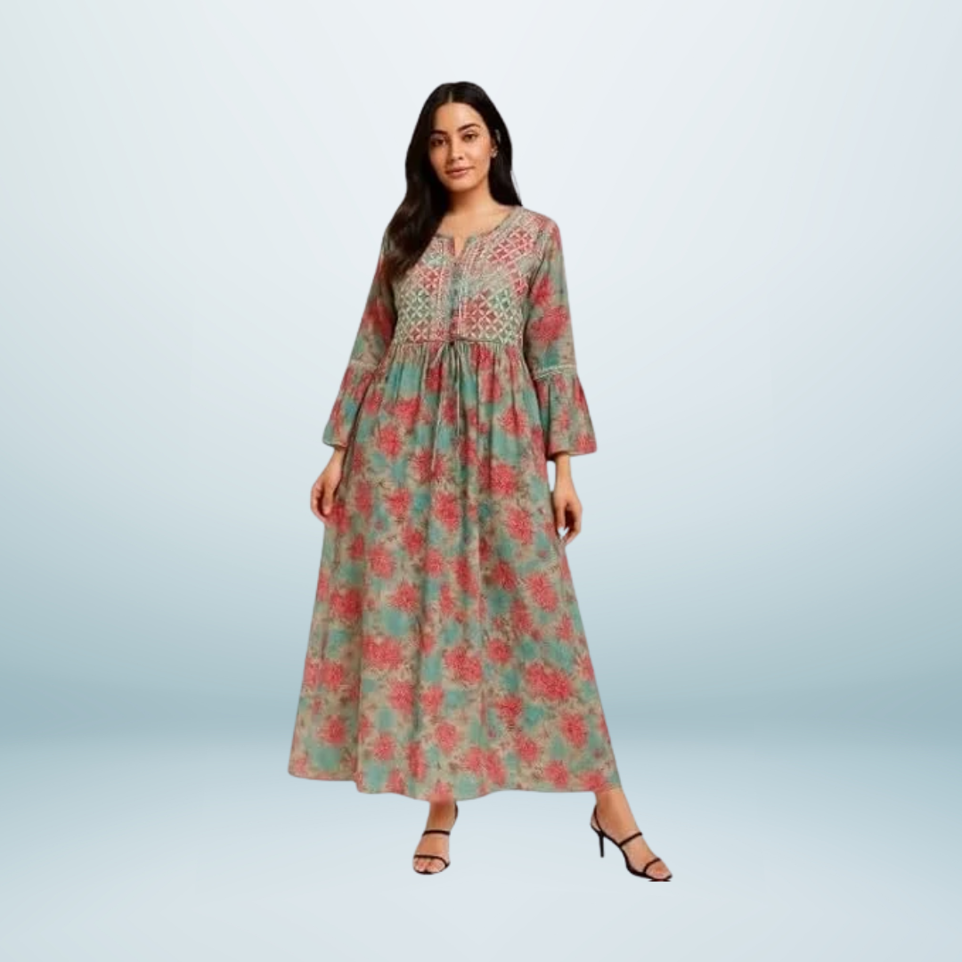 Utkrisht India (14) Women’s Lucknowi Chikankari Mulmul Cotton Long Kurti | Hand Embroidered Printed Fit & Flare Kurta for Women | Pink - Image 1
