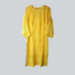 Lucknow Chikankari Long Kurti Full Sleeve Round Neck Embroidered Work Georgette Resham Ethnic Dress Yellow