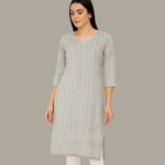 Lucknowi Chikankari Pure Voile Cotton Dress Material | Kurti Fabric | Top Fabric Grey (3 Meter)