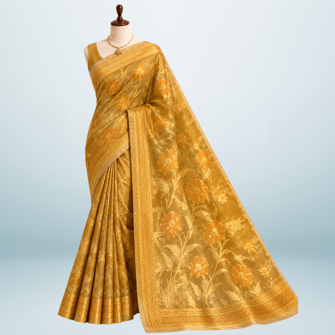 Utkrisht India (9) Banarasi Tissue Silk Saree for Women – Golden | Lightweight Saree with Rich Zari Border and Matching Blouse Piece - Image 1